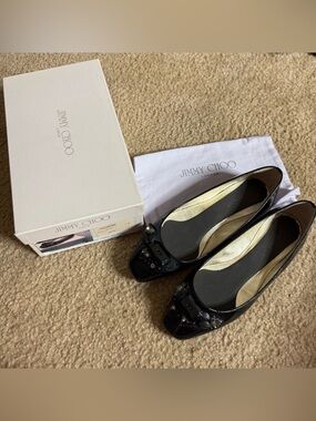 Jimmy Choo Watson Black Patent Leather Embellished Flats Size 9